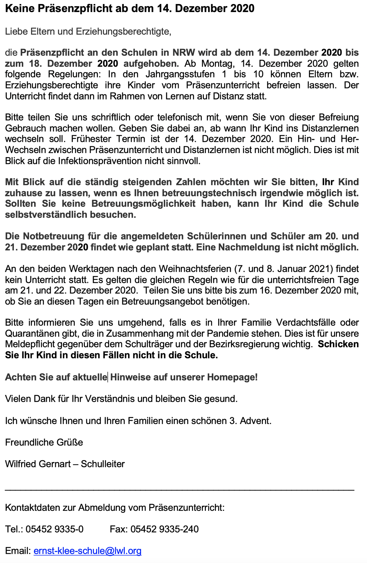 Schreiben Schulleitung